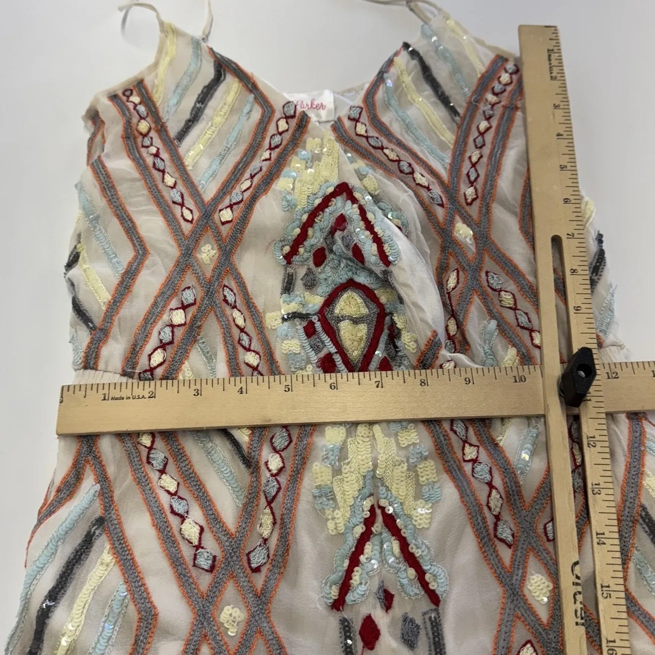 Parker Romper Womens Small Ivory Silk Beaded Sequin Embroidered Geometric V Neck - Image 8