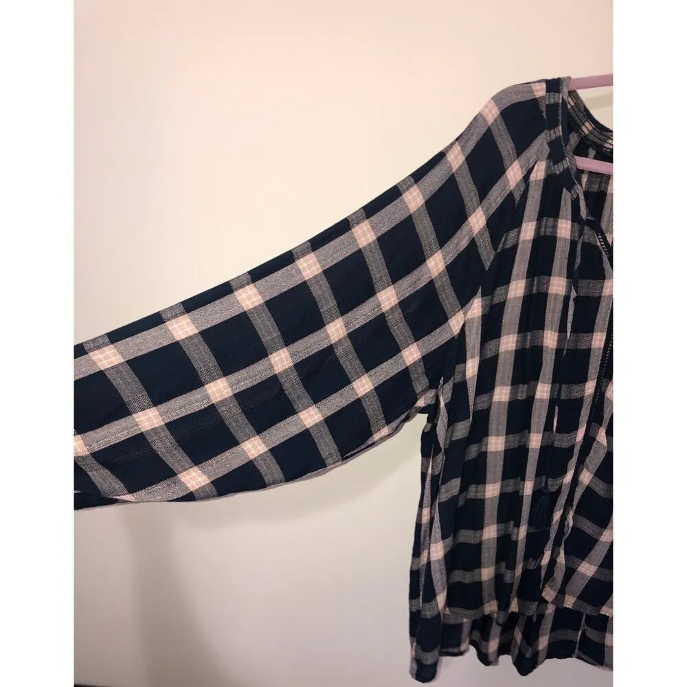 American Eagle Size XXL Tunic Peasant Top Blouse Plaid Tassels Plus Blue AEO - Image 4