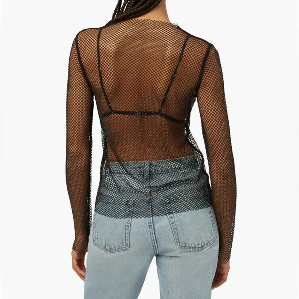 NWT WeWoreWhat Mesh Crystal Mock Neck Long Sleeve Sheer Rhinestone Sparkly Top M - Image 5