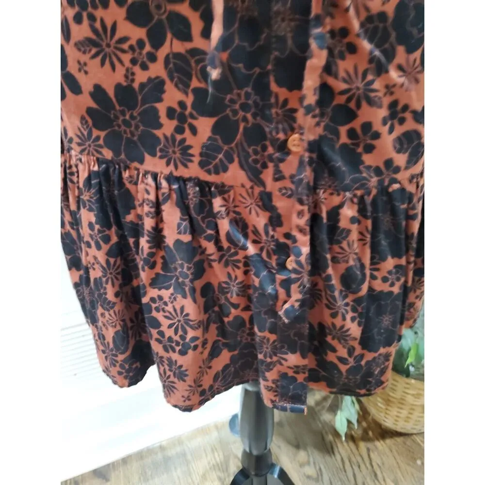 Gap Women's Brown Floral Crew Neck Long Sleeve Button Front Knee Length Dress XS - Image 3