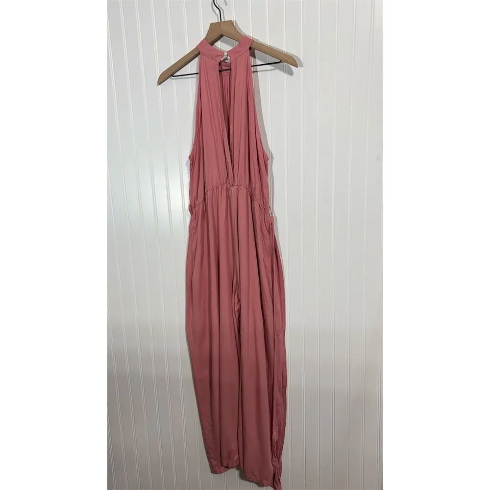 Halara Pleated Wide Leg Jumpsuit M Pink‎ Sleeveless Flowy High Neck NWT Resort - Image 3