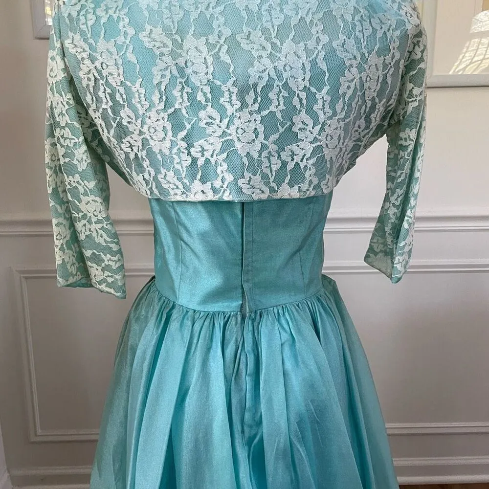 Vintage 60s Turquoise Blue Ivory Lace Fit & Flare Dress Shrug Headband Veil XS Blue - Image 7