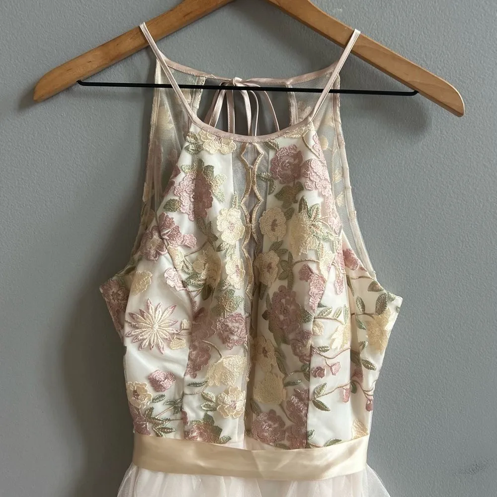 Nights by Teeze Me Champagne Floral Chiffon Tiered Ruffle Gown Size 7 Formal - Image 3