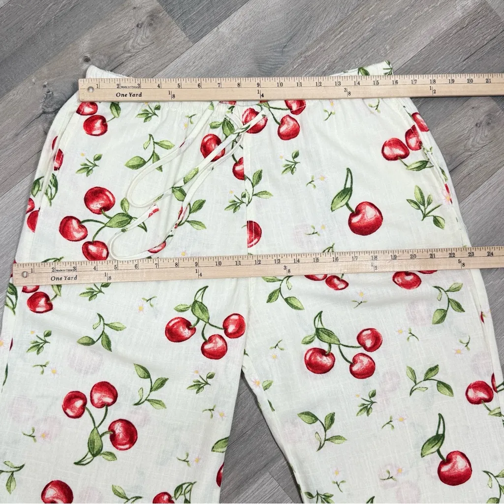 Angel Kiss Cherries Print Linen Blend Wide Leg Palazzo Pants Cream Red Large - Image 8