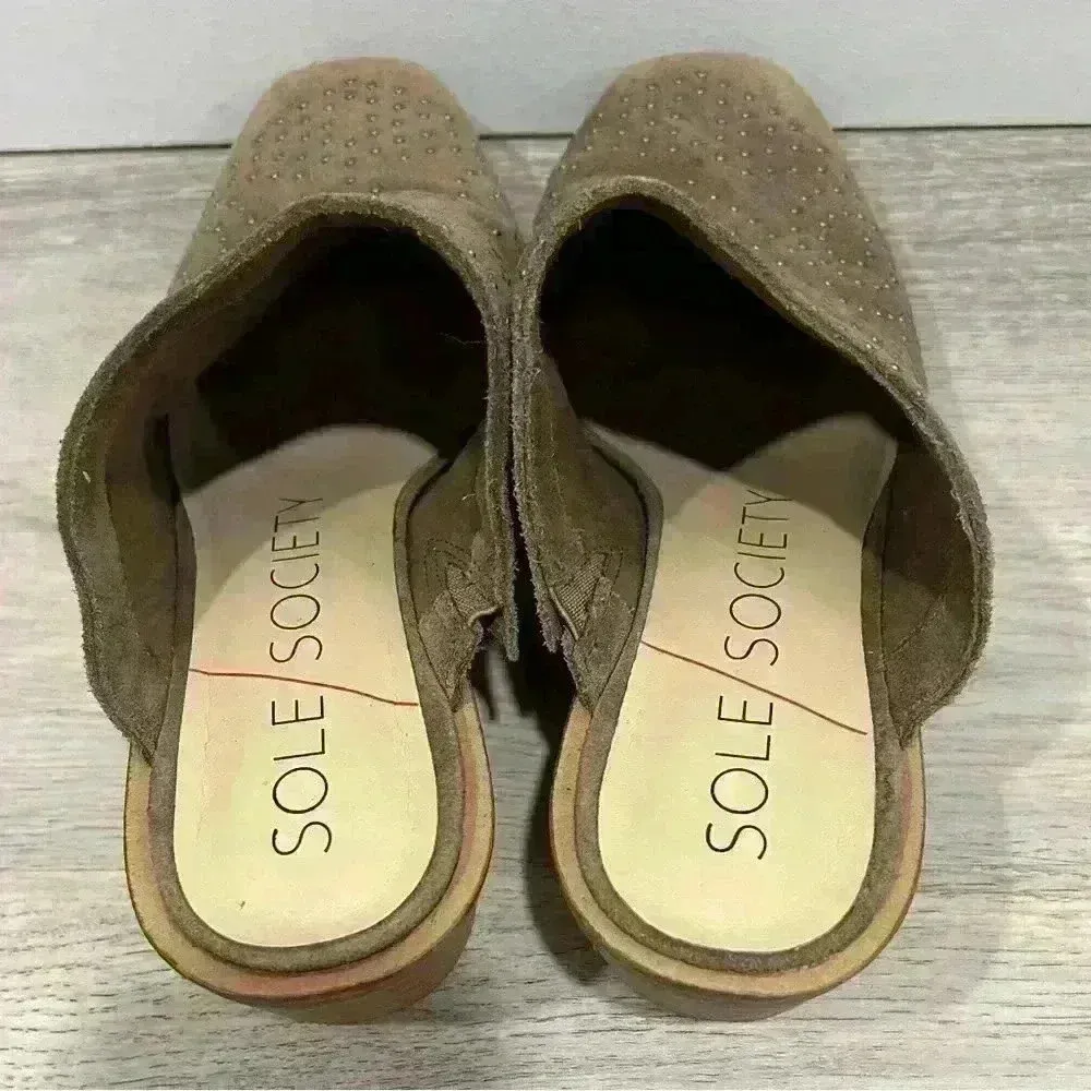Sole Society Olive Brown Leather Suede Studded Slip On Heels Mules Size 8.5 - Image 5