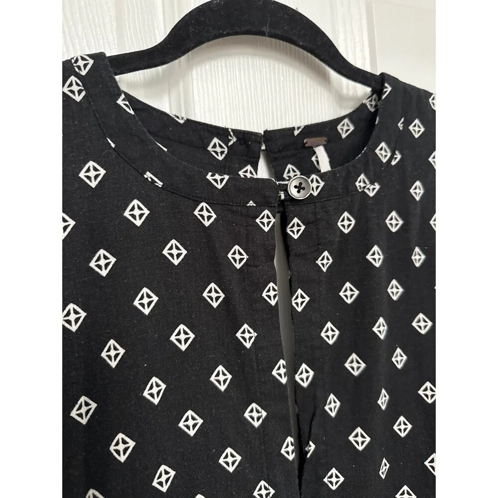 Free People Romper Ashley Black White Diamond Boxy Linen Blend XS - Image 7