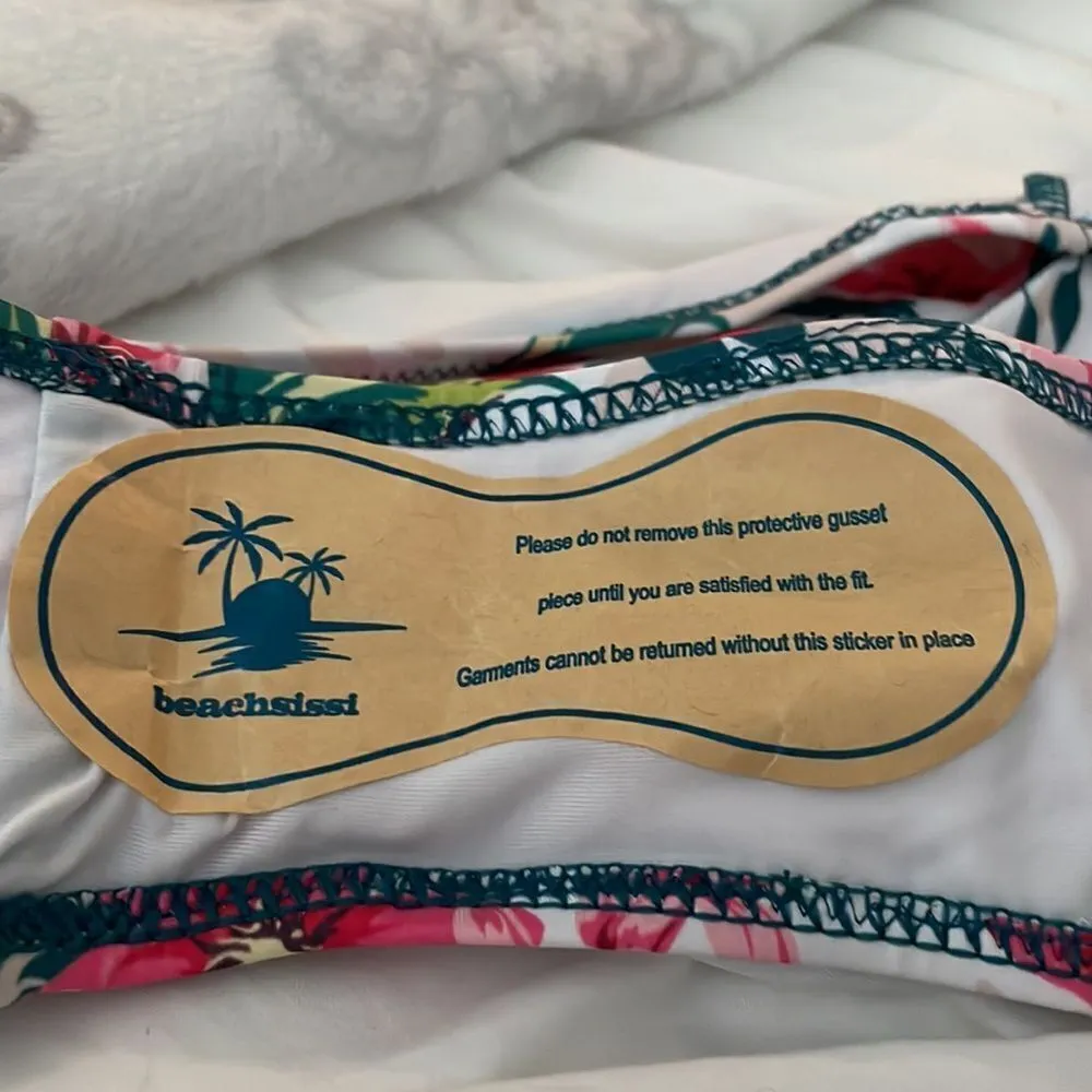 Beachsissi Floral Tropical Bikini Bottom Size Small White Green White - Image 6