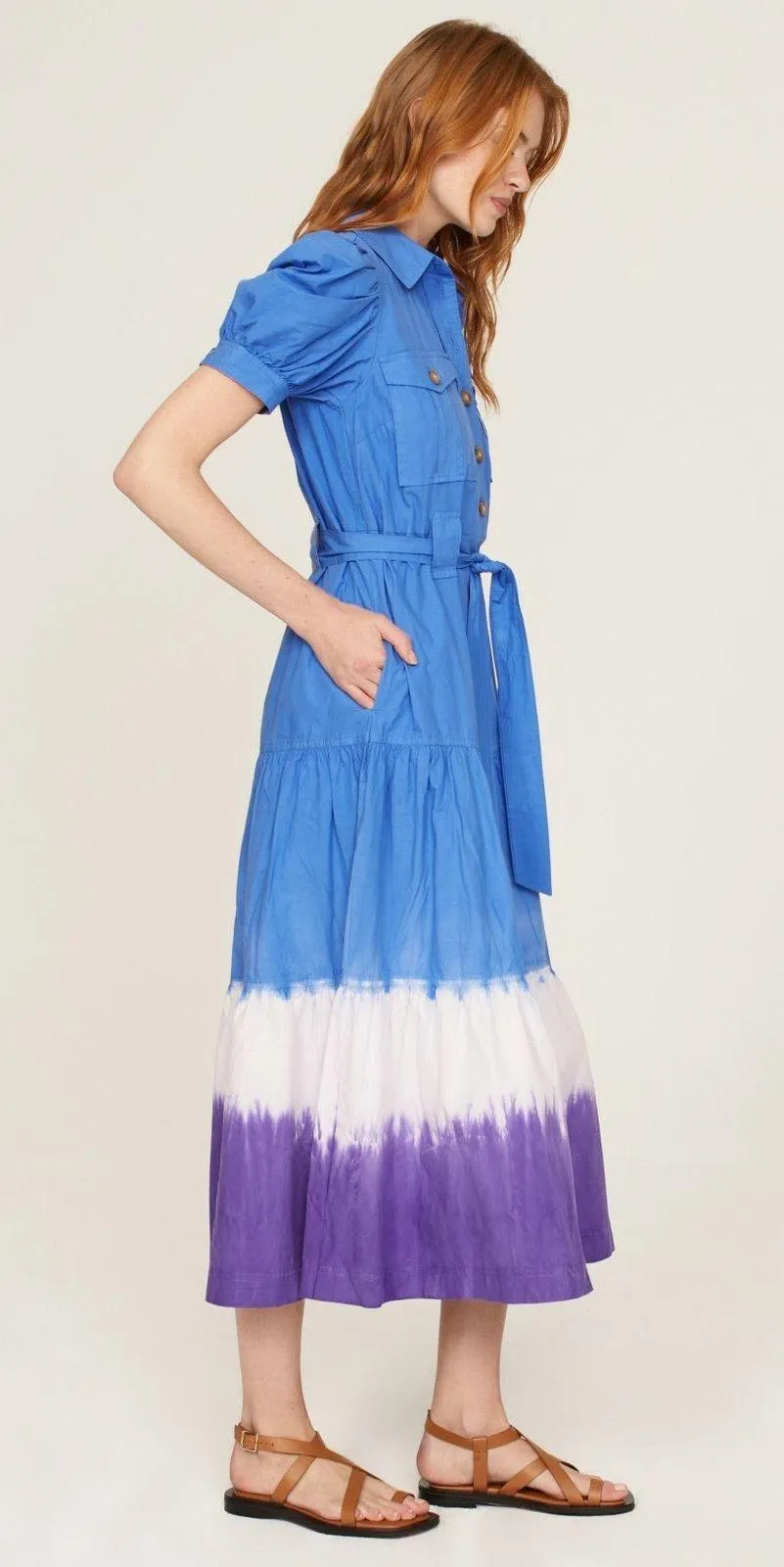 DEREK LAM 10 CROSBY x RTR Blue Dip Dye 100% Cotton Button Front Midi Dress 44 Size undefined - Image 2