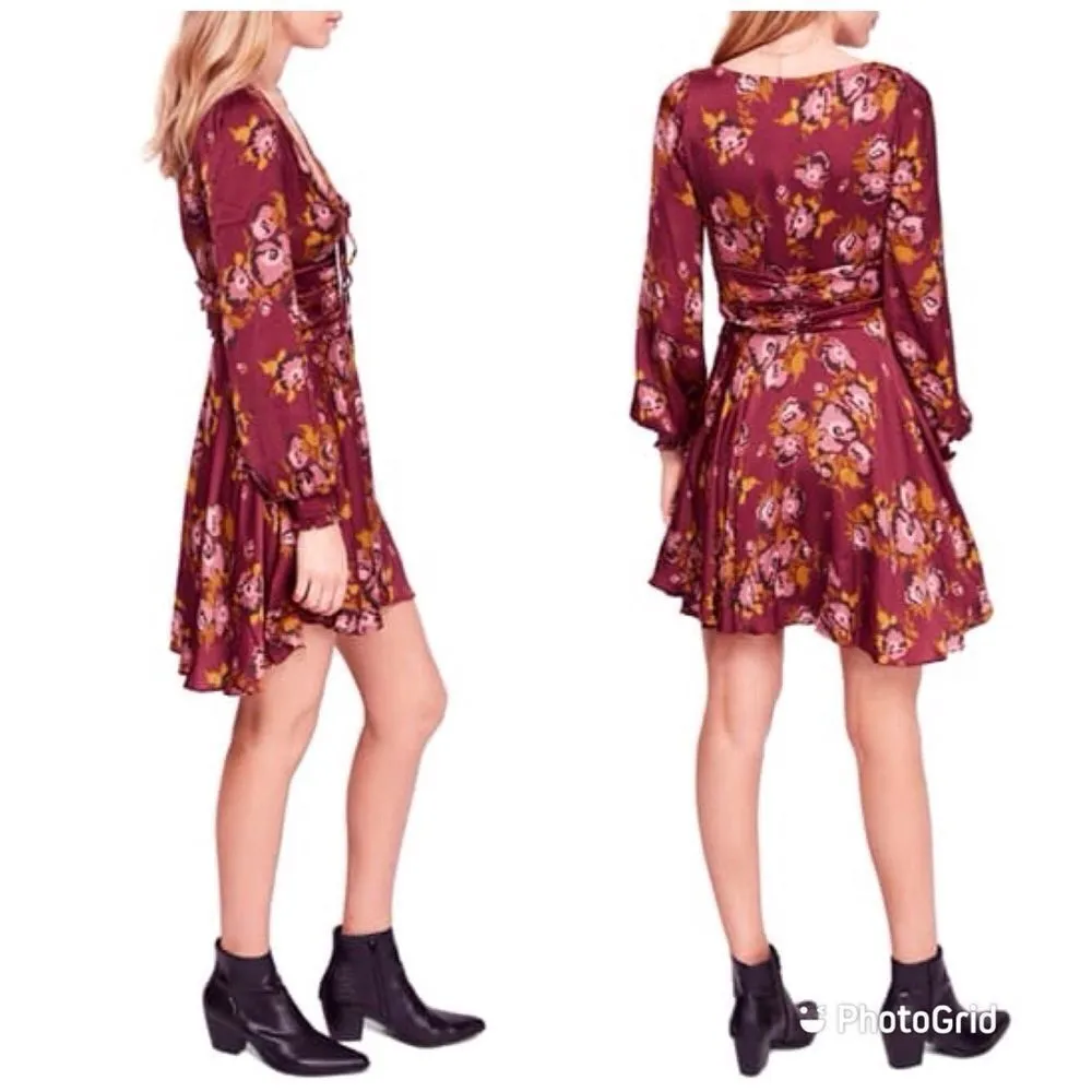 FREE PEOPLE‎ Morning Light Mini Dress Long Sleeve Floral Satin Purple Size 0 New - Image 13