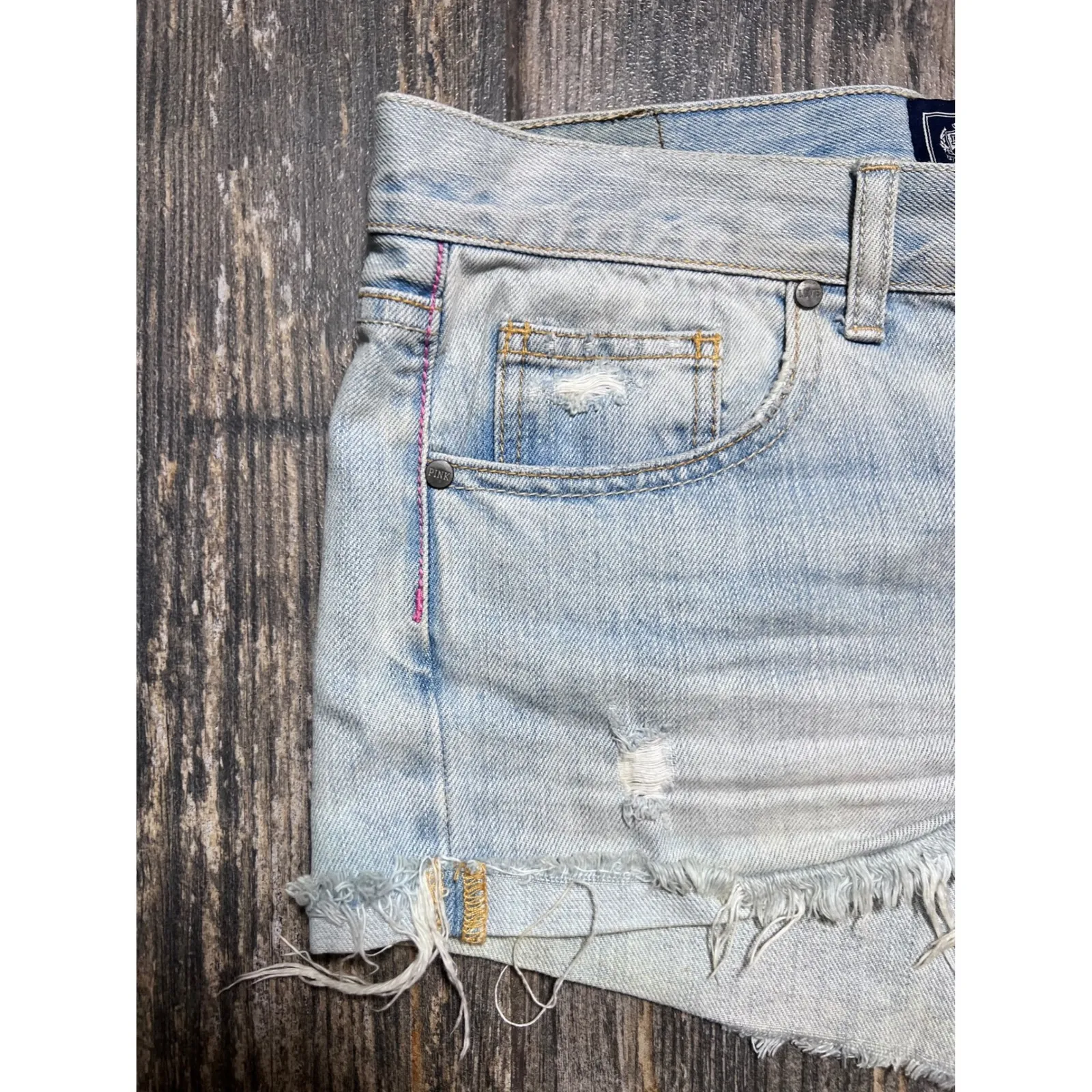 PINK Victorias Secret Denim Jean Shorts SZ 10 Light Wash Distressed Micro Cheeky - Image 7