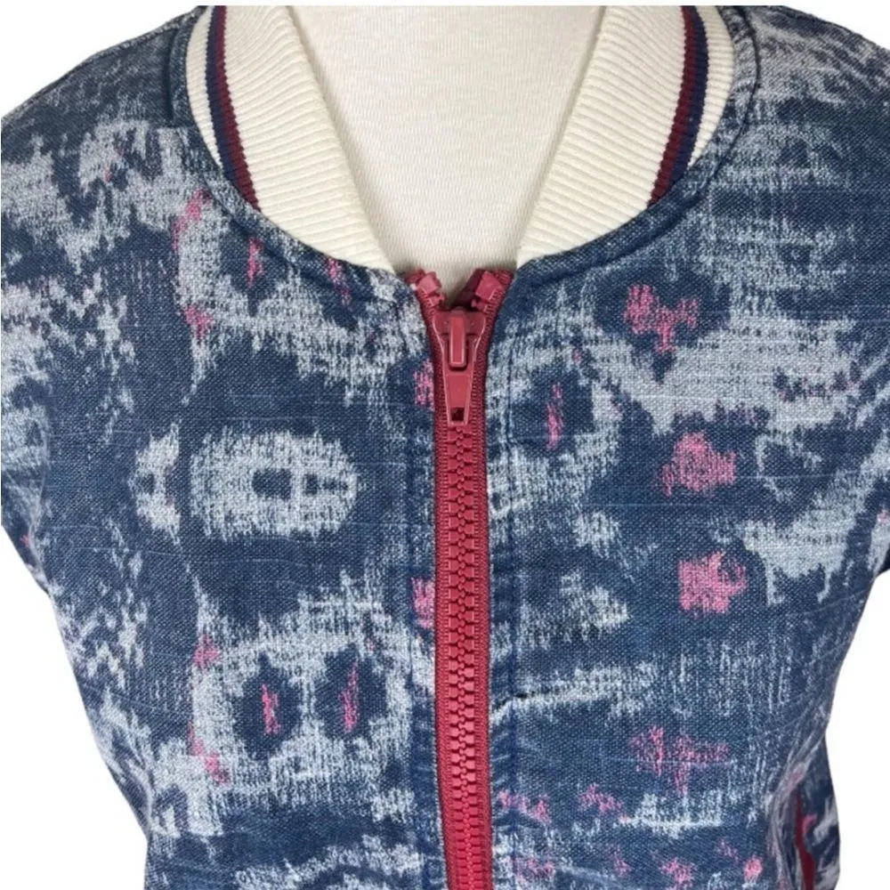 Free People Varsity Dreams Navy Quilted Ikat Print Bomber Jacket Size Large - Image 6