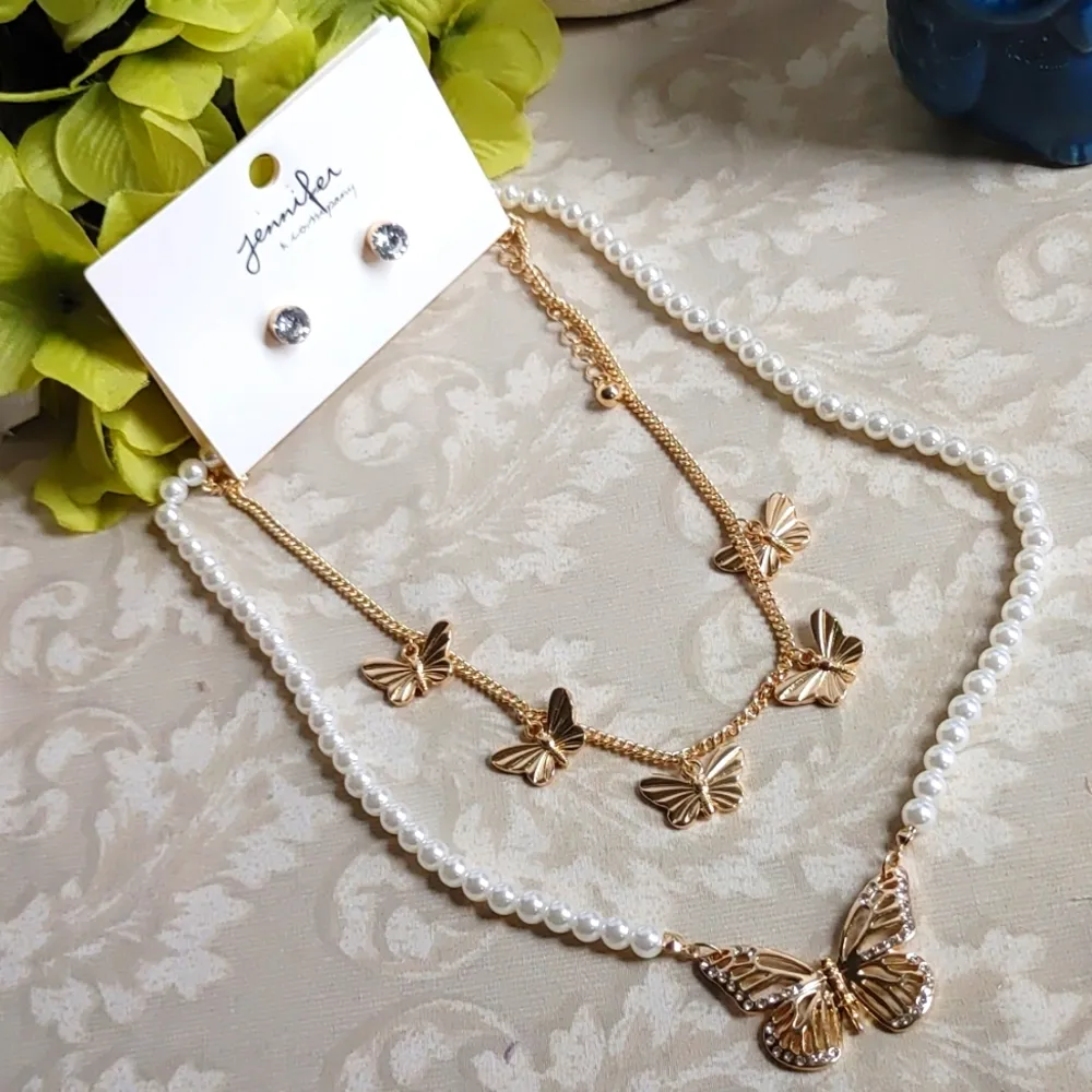 Gold & Pearls Butterfly Double Necklace Set - Image 6