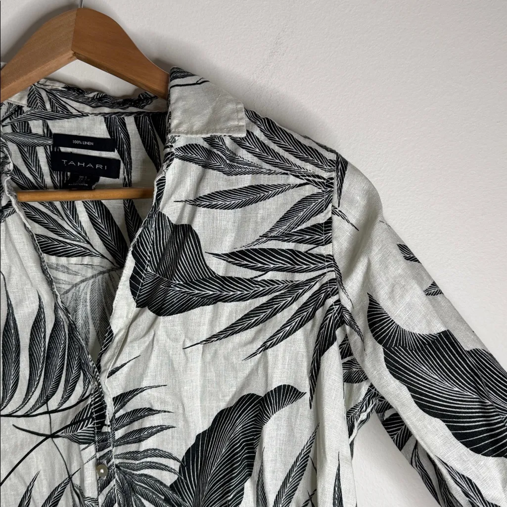 Tahari Black/Ivory Floral Tropical Leaf Pattern Linen Button up Shirt size S - Image 3
