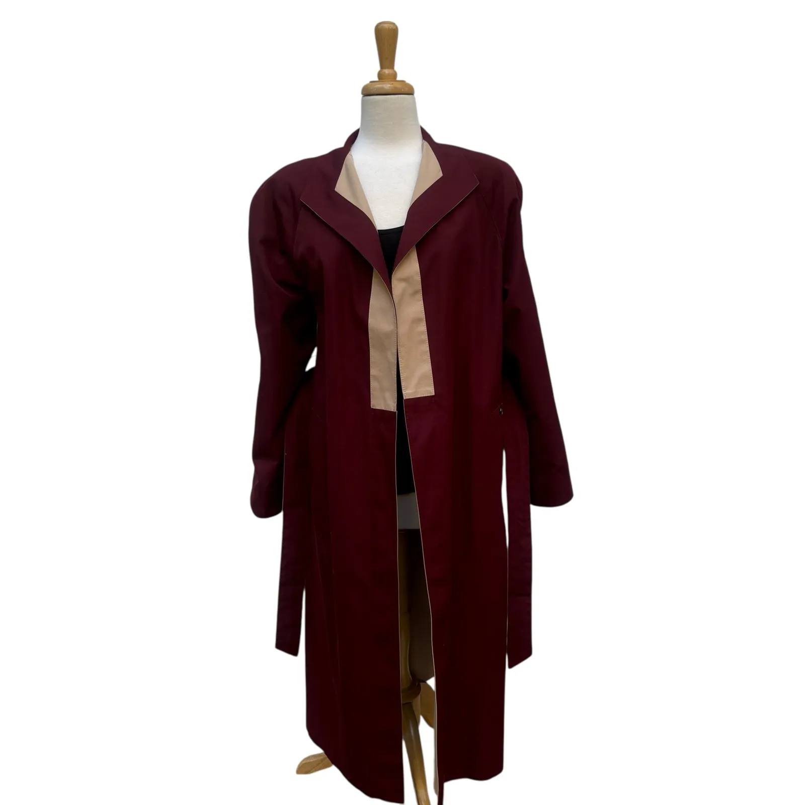 VTG Etienne Aigner Reversible Trench Coat 10P Beige Red Tie Waist Long Length - Image 12