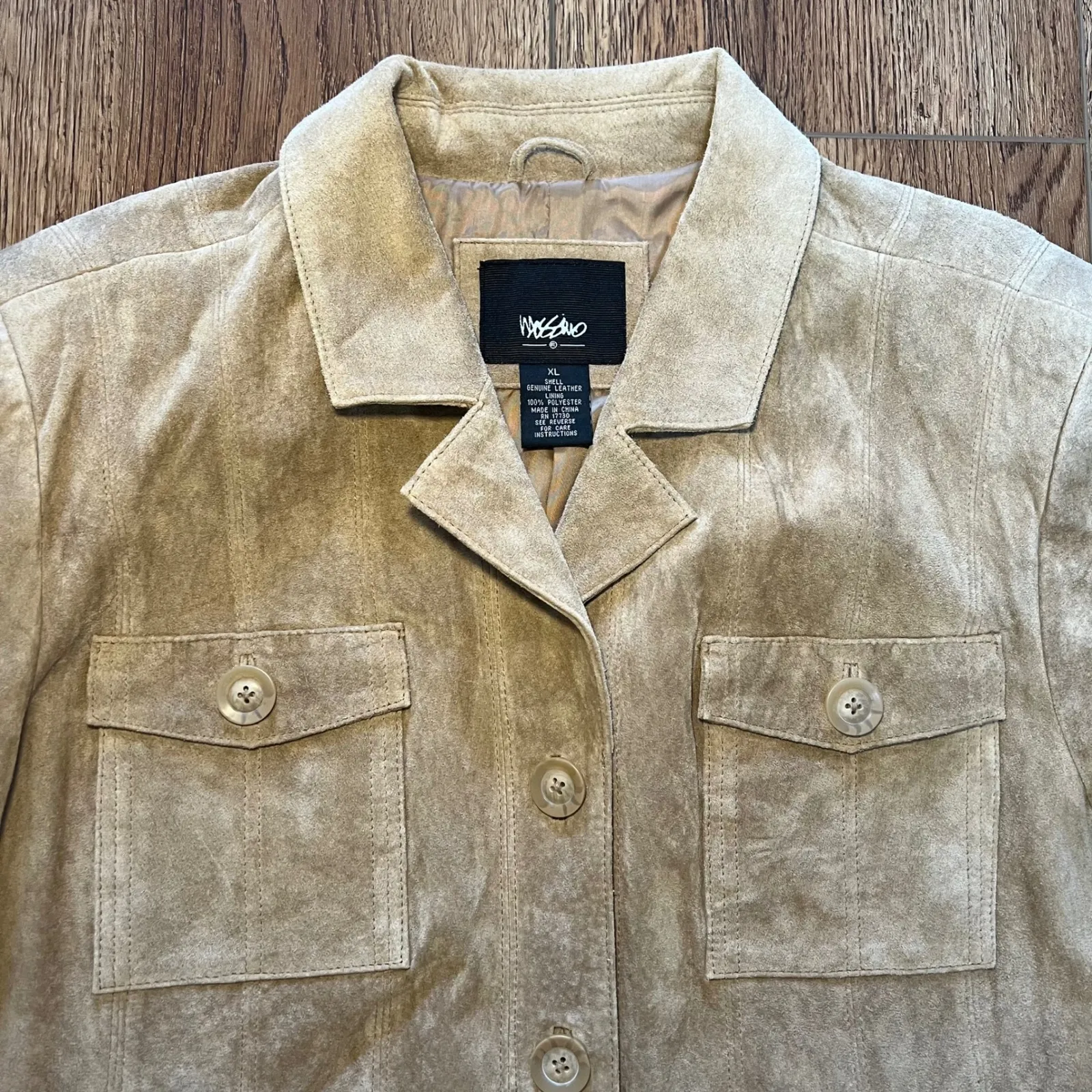 Mossimo Genuine Leather Suede Button Front Womens XL Utility Chore Jacket Beige Tan - Image 2