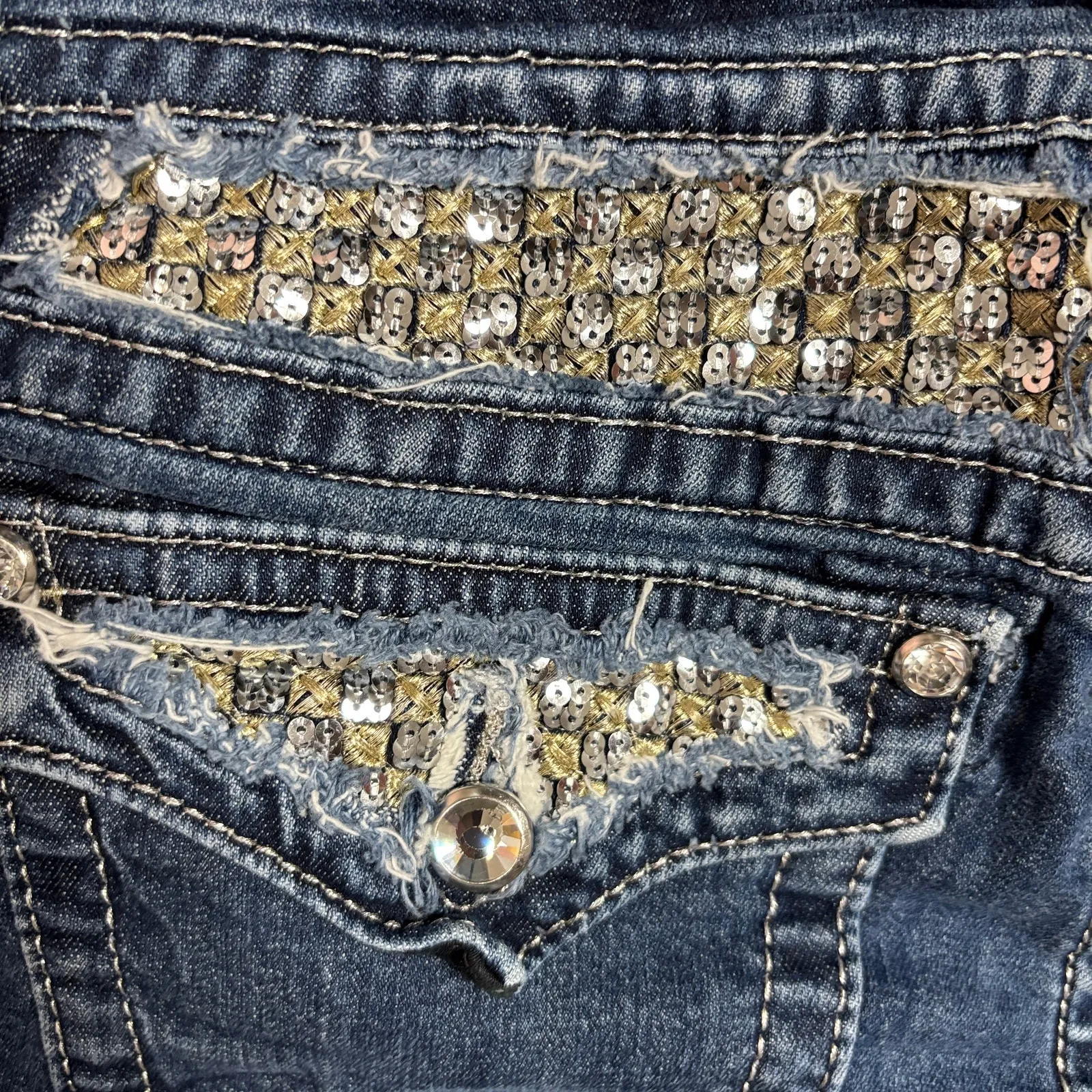 Miss Me Bootcut Jeans Sequin Waistband Crystal Flap Pockets 30 - Image 3