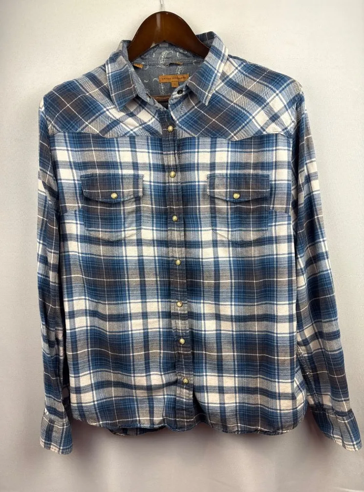 Women’s Jach’s Girlfriend Large Blue & White Plaid Flannel with Snap Buttons - Image 1