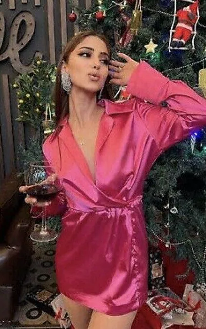 Valentine’s satin effect pink long sleeve wrap mini dress - Image 2