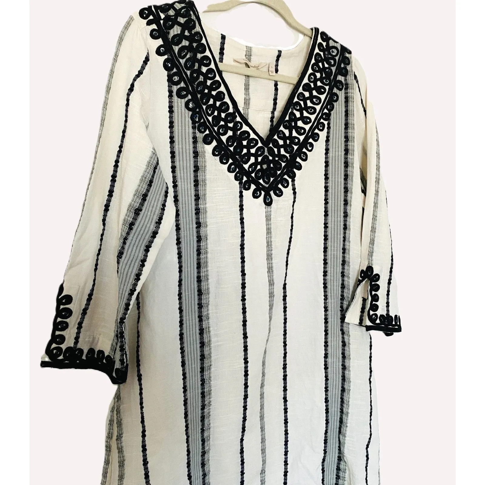 Soft Surroundings Coco de Mer V-Neck Boho Dress Sequin-Embellished Long Sleeve L - Image 4