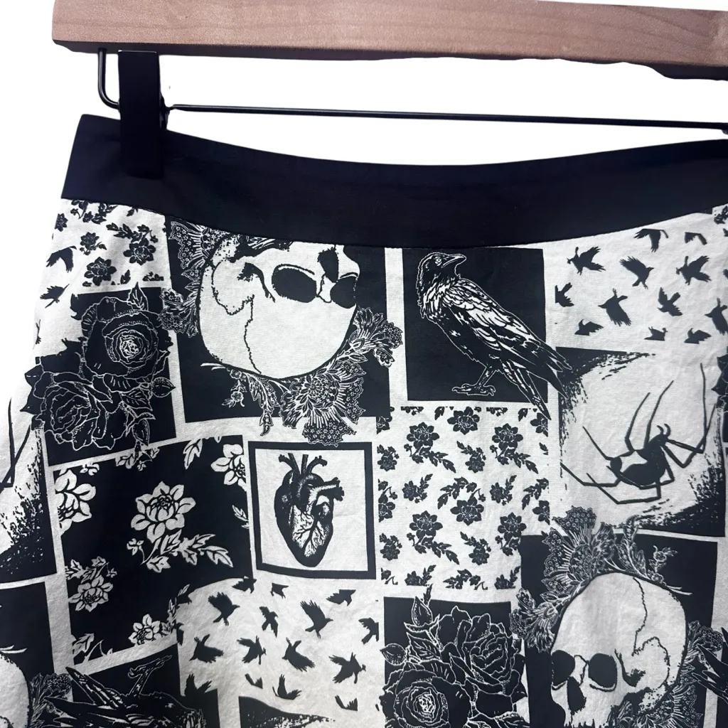 Thorn & Fable Gothic Patchwork MIDI Skirt Small Skull Raven Design Black - Image 4