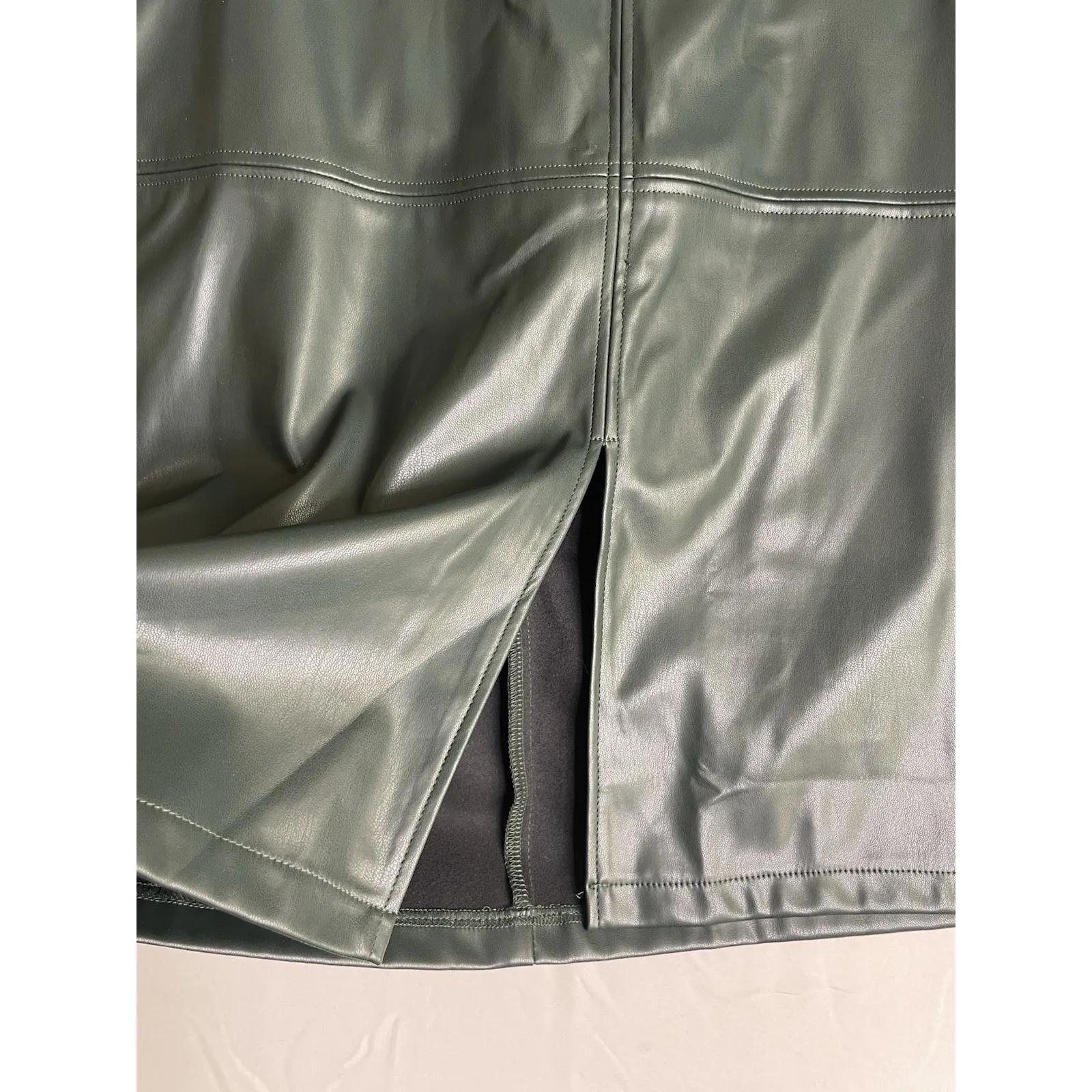 Kate Kasin Womens XL Green Faux Leather Midi Skirt Pockets Back Slit‎ Preppy NEW - Image 7