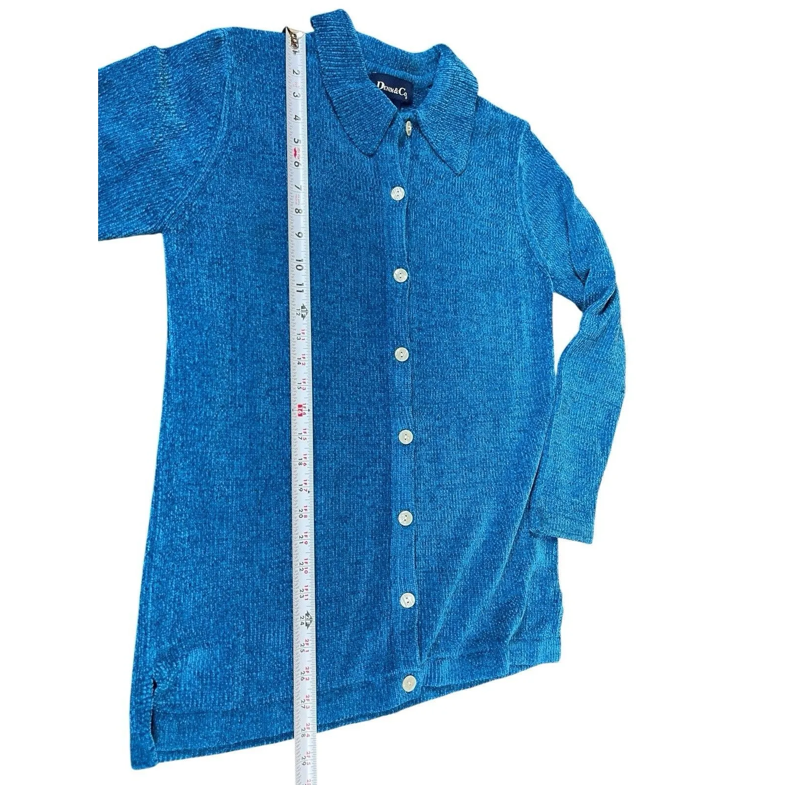 VTG 90s Denim & Co Blue Chenille Button Front Collared Cardigan Sweater S - Image 5