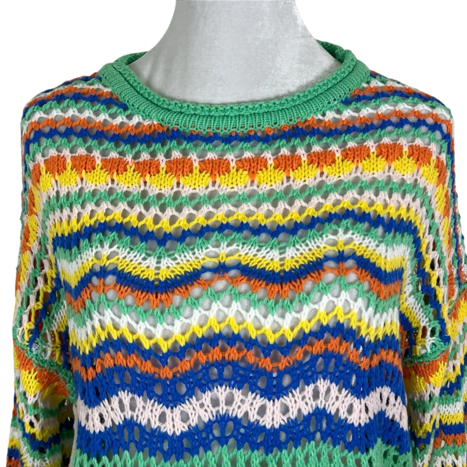 Colorful Chevron Striped Open Knit Bell Sleeve Sweater Size Small Blue Green - Image 4