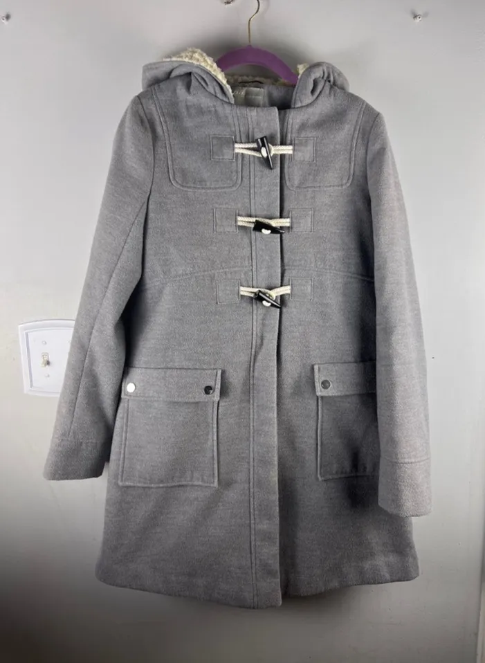 ASOS Gray Hooded Duffle Coat Womens US 2 Toggle Faux Shearling Lined - Image 1