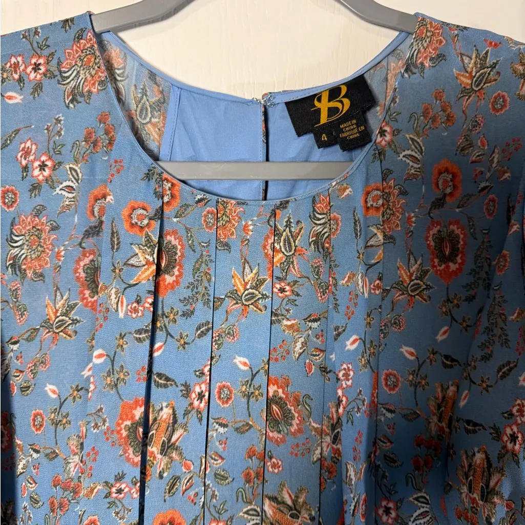 Anthropologie Satin + Babi Marina Blue Floral Puff Sleeve Summer Dress Sz 4 - Image 4