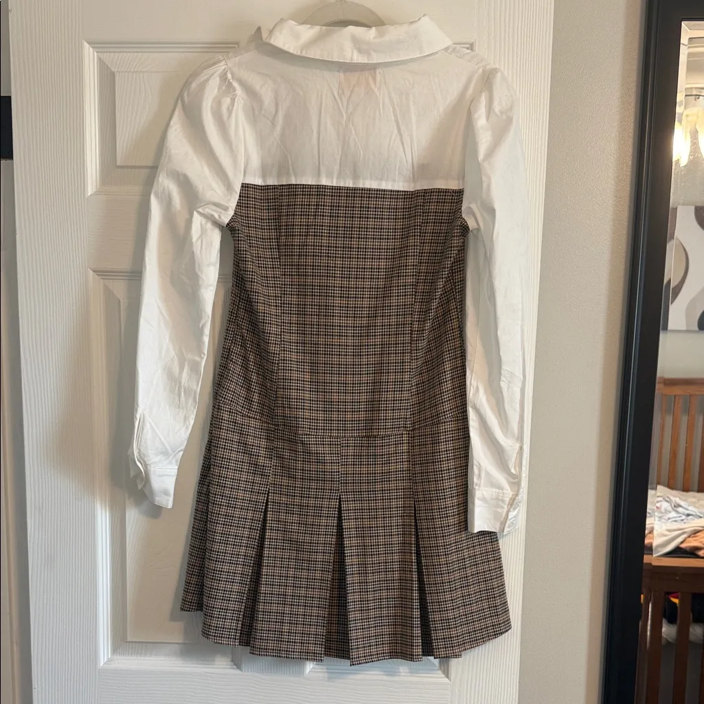 Elegant Plaid Mini Dress with White Top Brown - Image 3