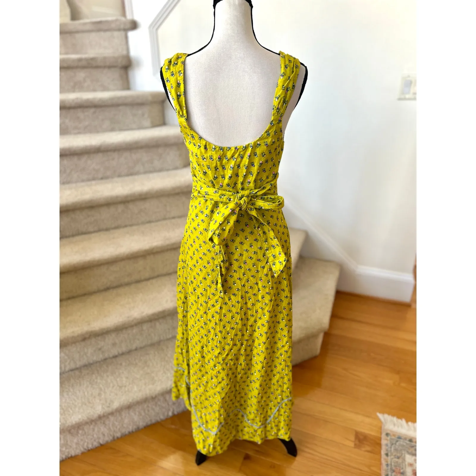 Free People Sweet Hearts Chartreuse Yellow Green Floral Cottage Milk Maid Midi - Image 4