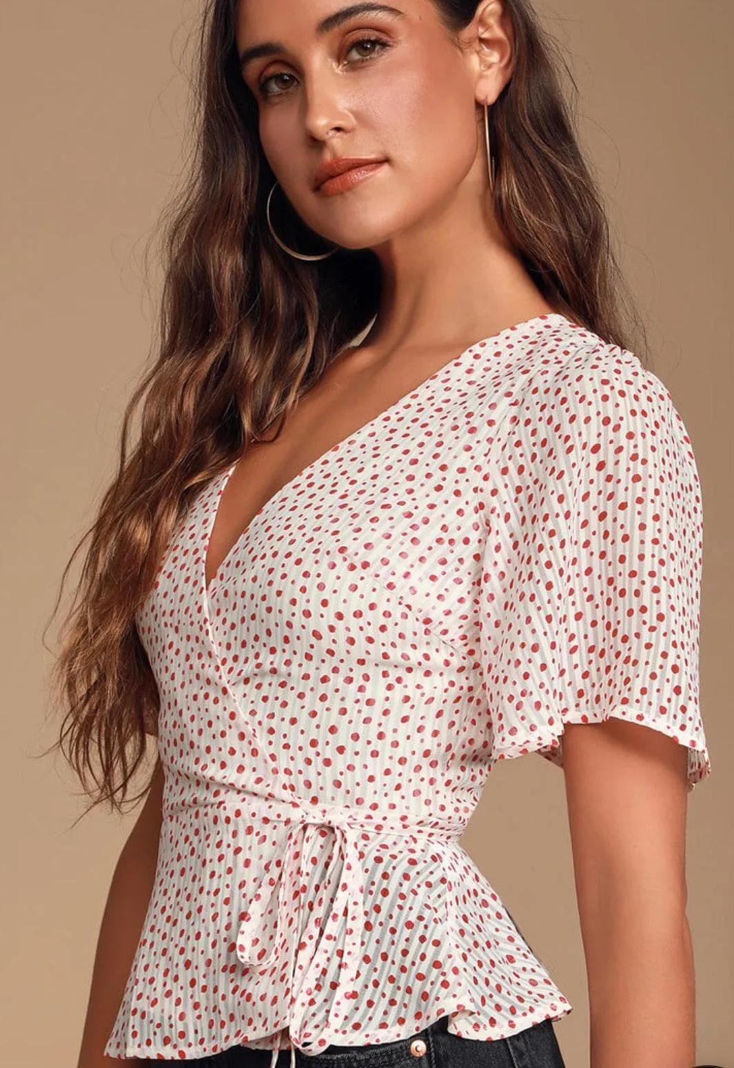 Lulus White & Red Polka Dot Wrap Top - Image 2