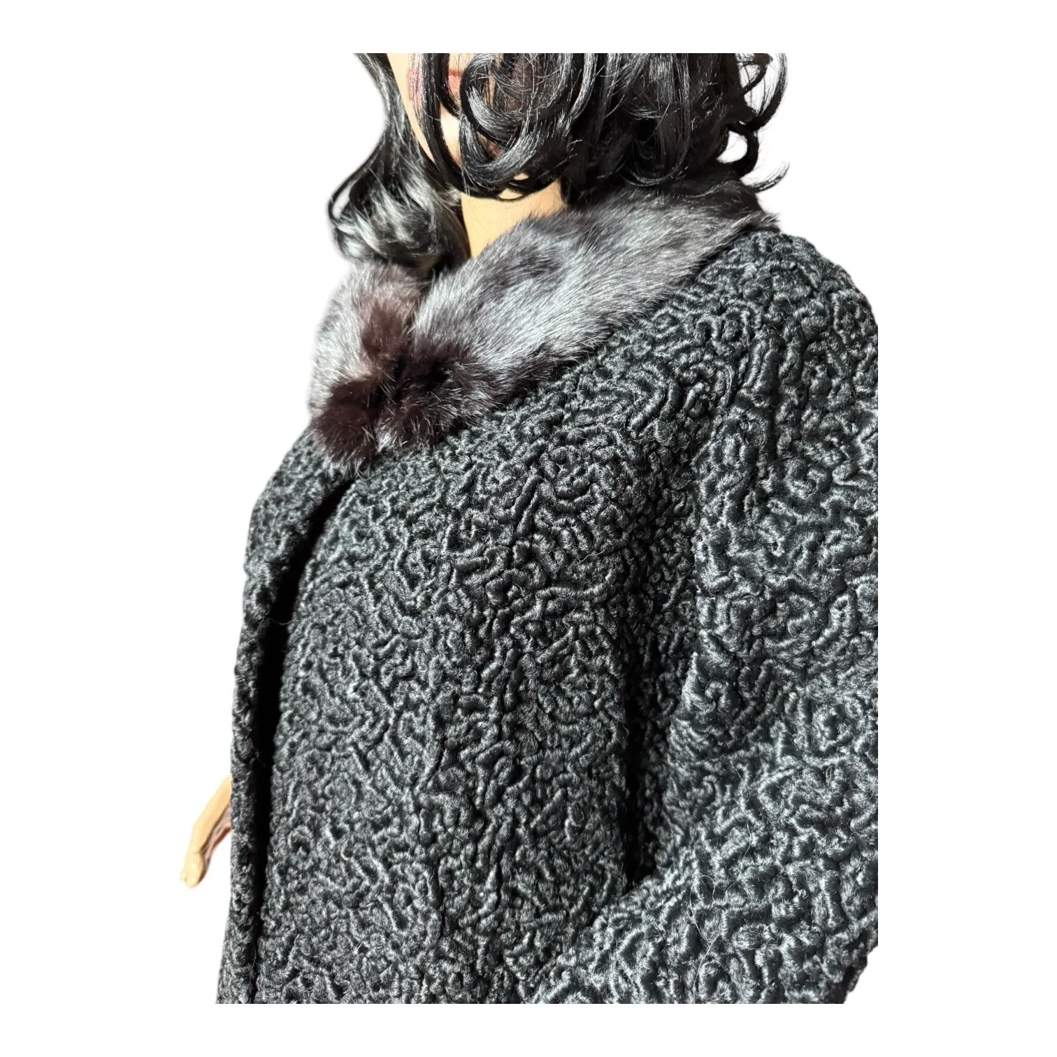 Vintage Black Persian Lamb Fur Coat w/ Mink Collar 1950s Swing Jacket medium - Image 14