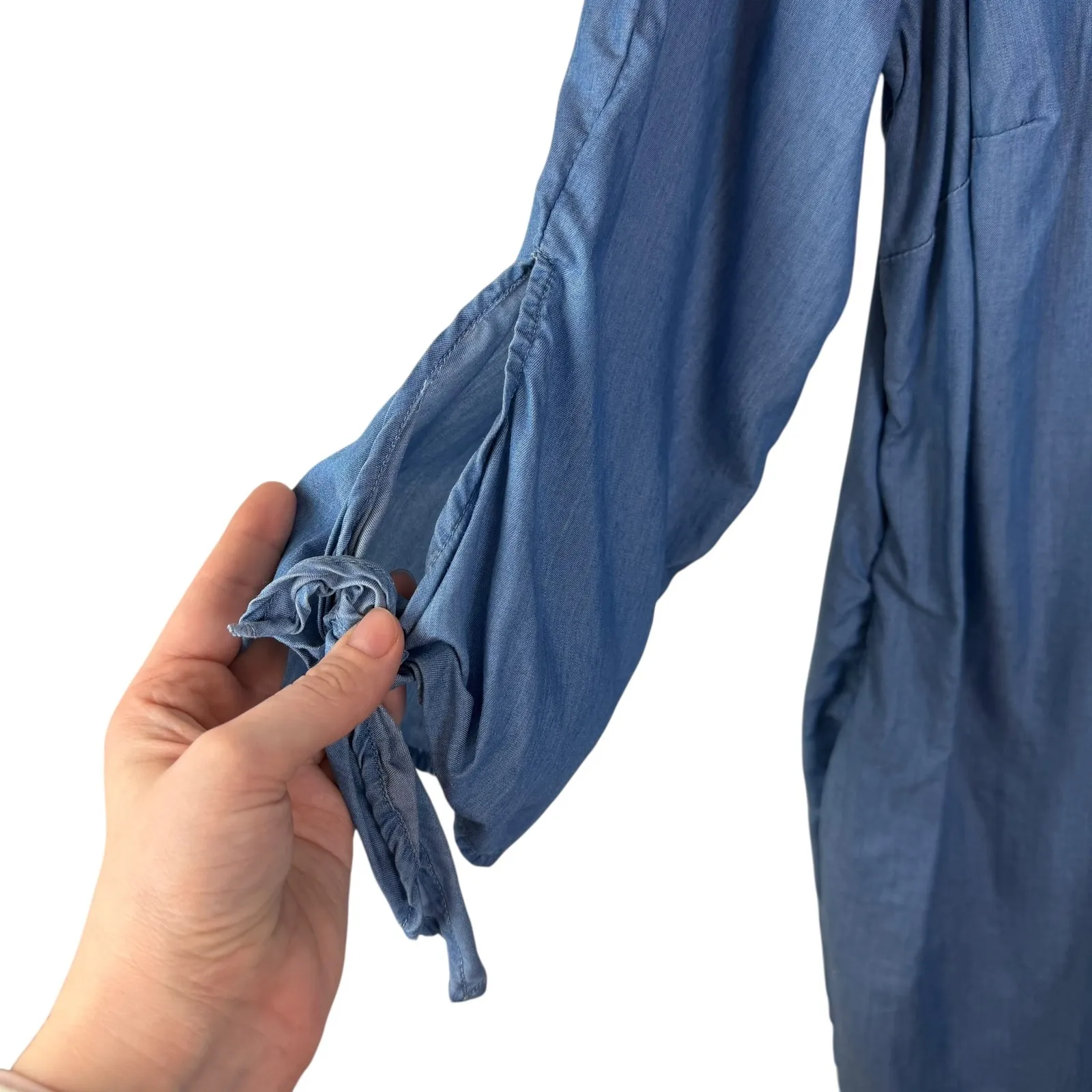 Crown & Ivy Curvy Blue Tencel Chambray Dress Size 2X Boho Peasant Pom Pom Trim - Image 3