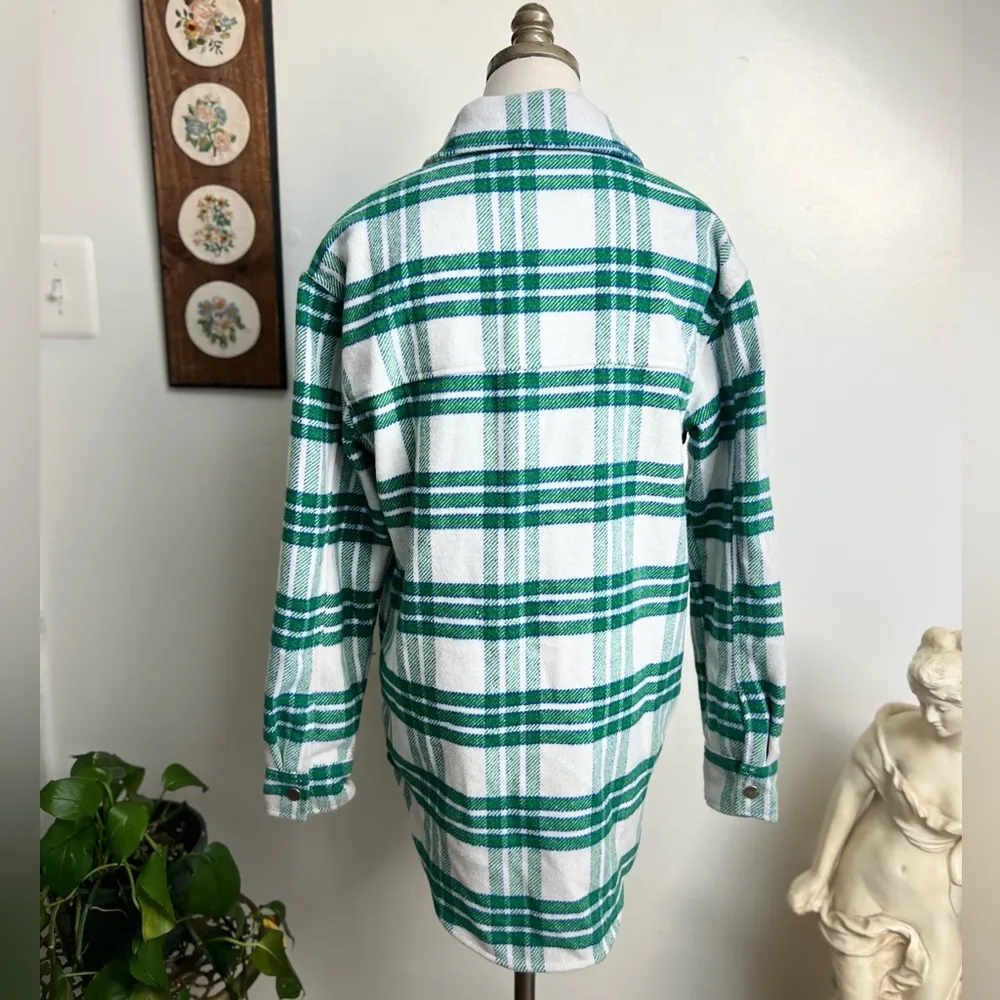 Thick Flannel White Green Plaid Shirt Jacket Medium - Image 7