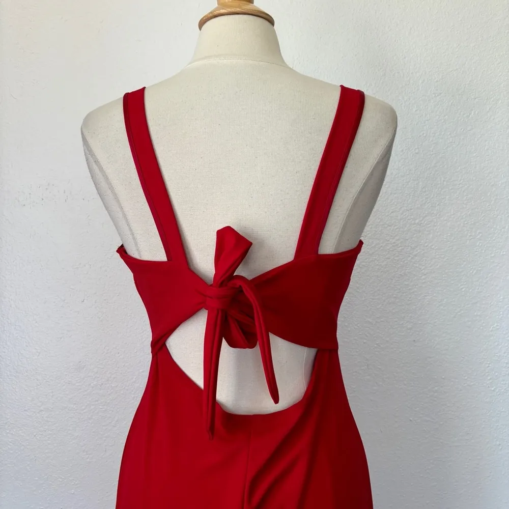 Vintage 90's Dawn Joy Solid Red Sleeveless Cut Out Bow Back Maxi Dress - Image 3