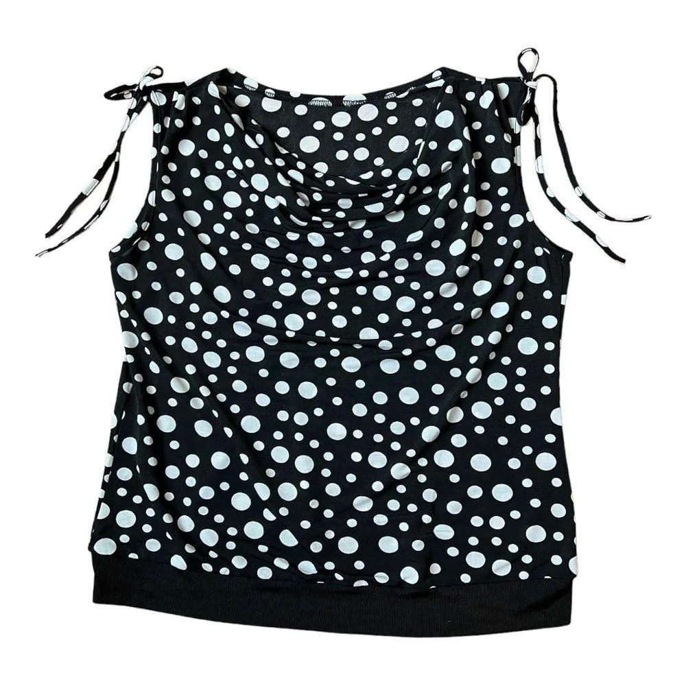 𝅺Korean Sleeveless Draped Neckline Black White Polka Dot Blouse (One Size) S/M Size undefined - Image 9