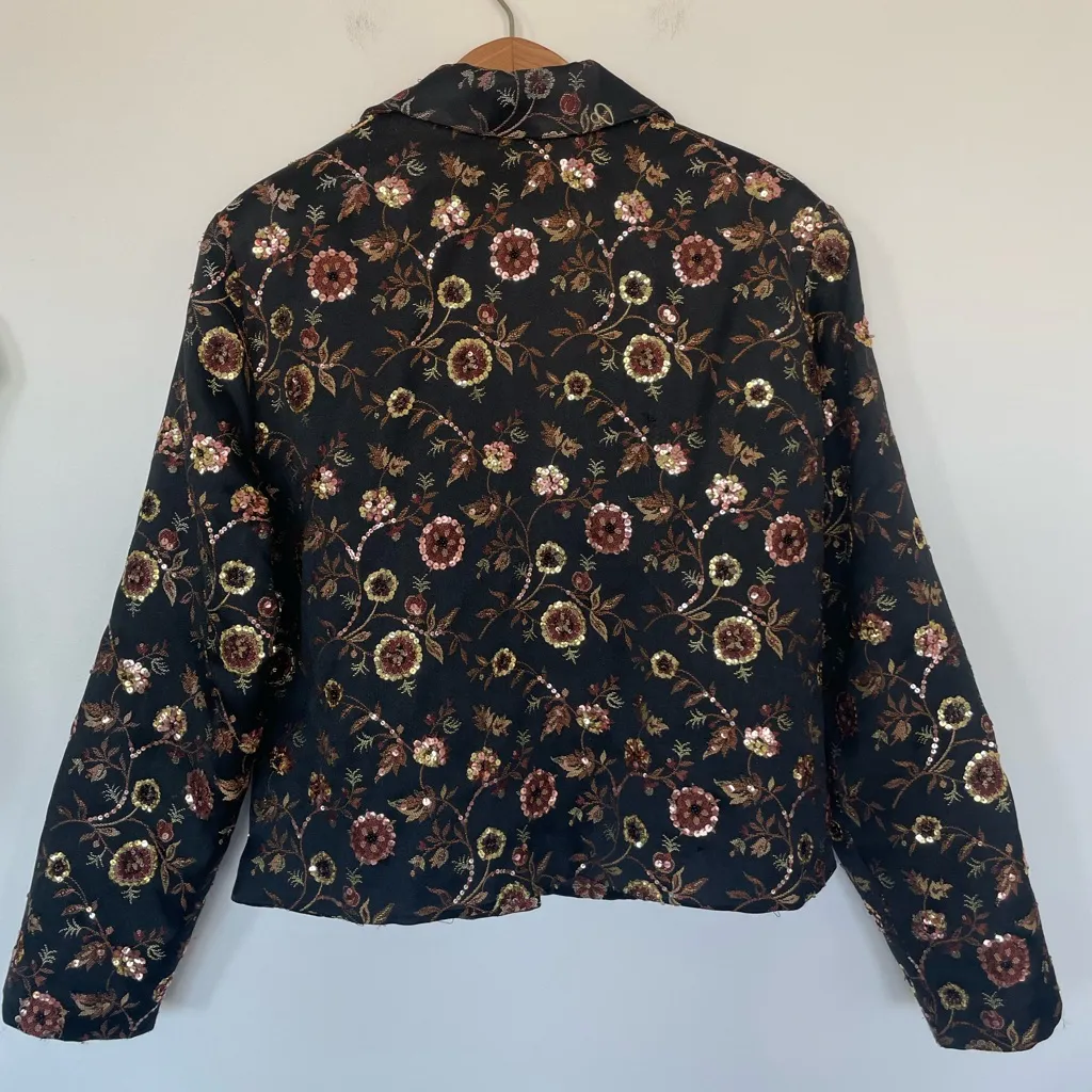 Rare Vintage Anage Wearable Art Embellished Floral Sequin Jacket Black Brown Size XL - Image 2