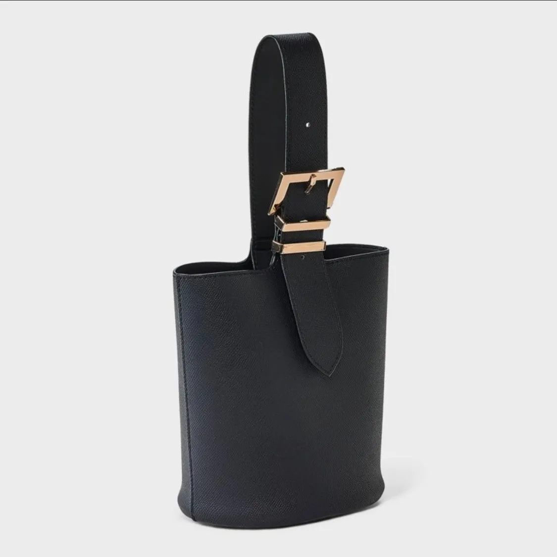 A New Day Black Faux Leather Bucket Bag Gold Buckle Top Handle - Image 6