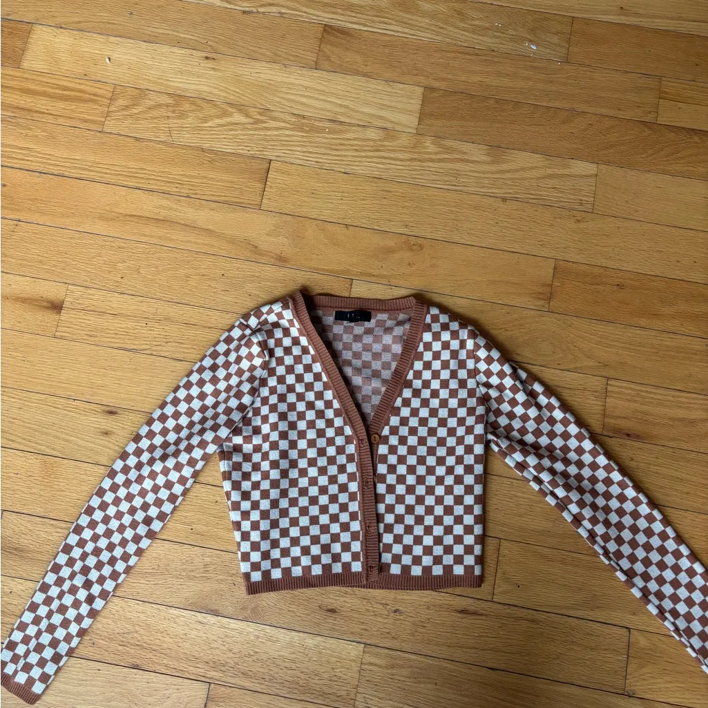 Lulu's Brown and White Checkered Cardigan - Image 3