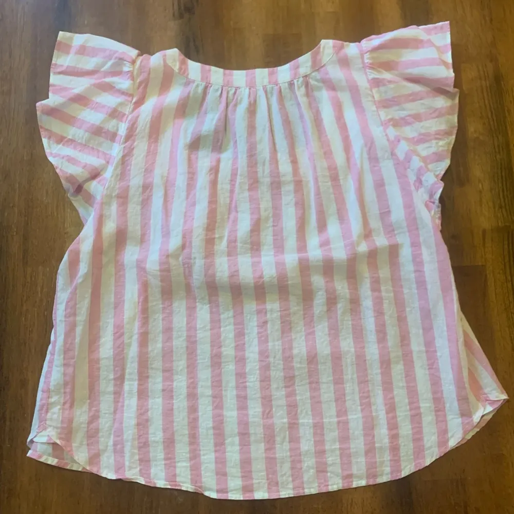 Draper James top Large Pink White Stripes Linen cotton blend square neck smocked - Image 6