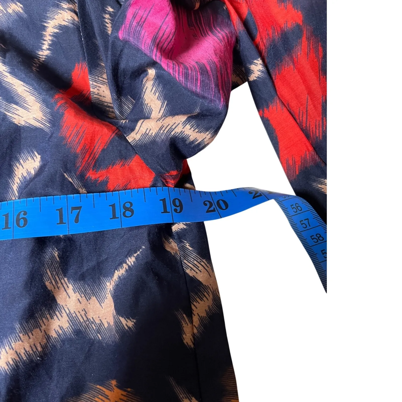 Boho Ikat Print Blouse Silk Cotton Navy Coral‎ Velvet by Graham Spencer XS Blue - Image 9