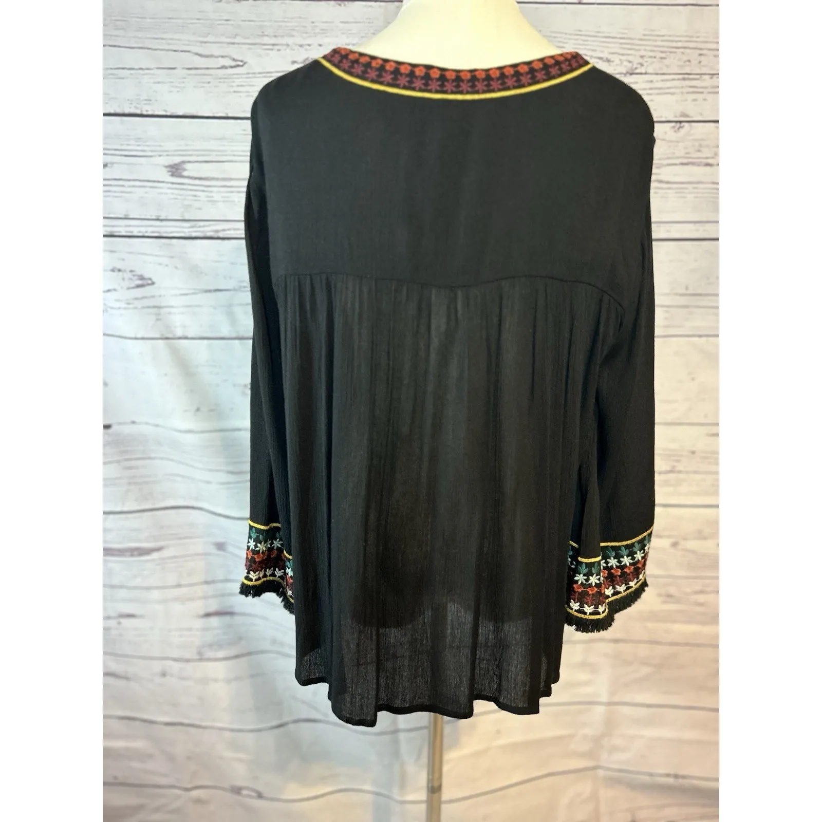 Boho Embroidered Black Fringe Tassel Cape Top Size L Size L - Image 4