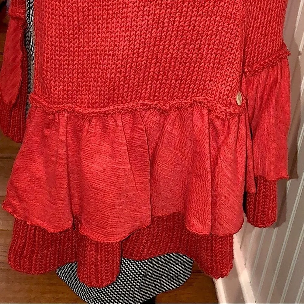 HANDKNIT Women’s Red Boho Chic Ruffle Knit Longline Vest Tie Front Sz SM - Image 11