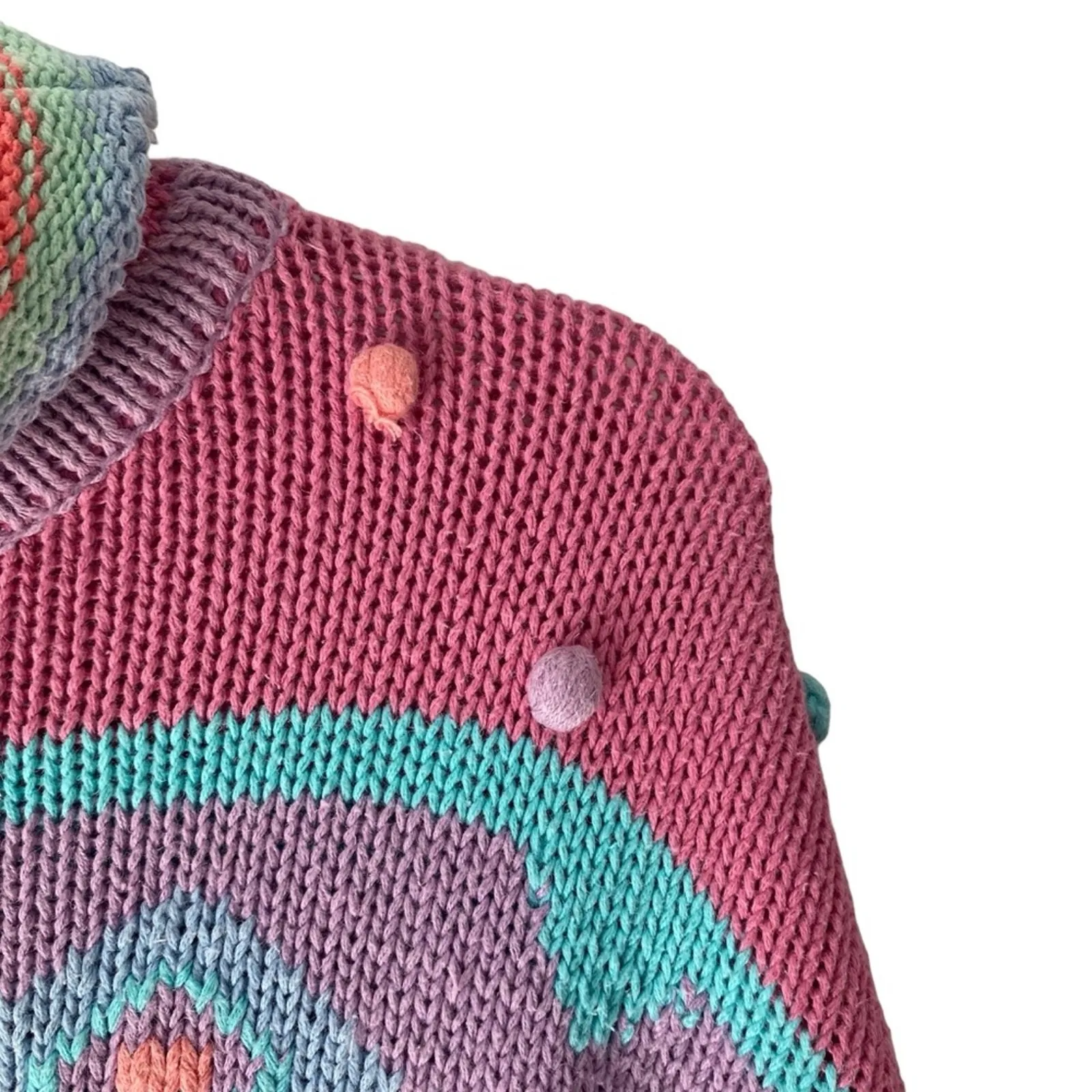 Reference Point Vintage Mock Neck Stripe Heart Pom Pom Sweater size large cotton - Image 3