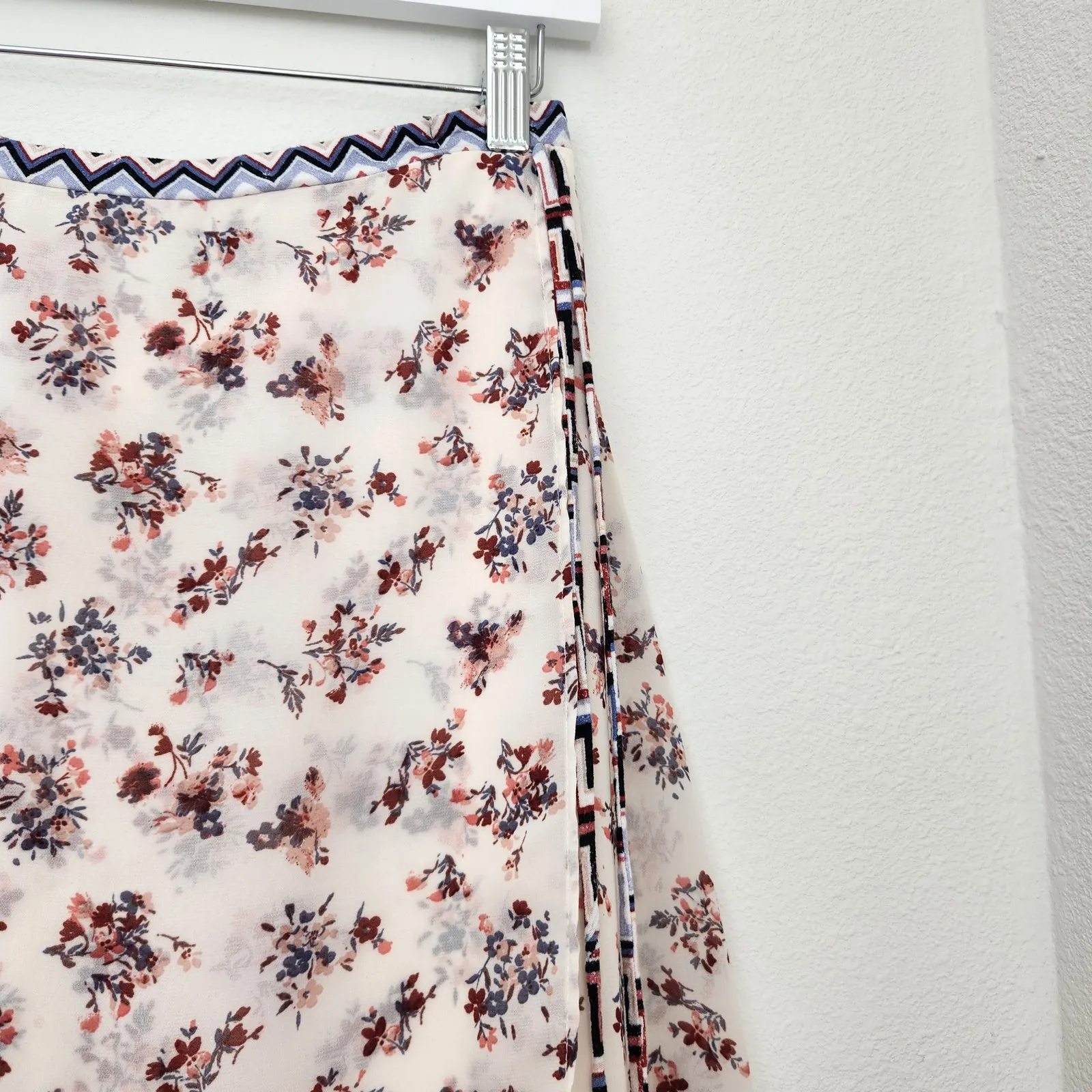 My Michelle White Pink Floral Faux Wrap High Low Sheer Midi Skirt Boho S M - Image 4