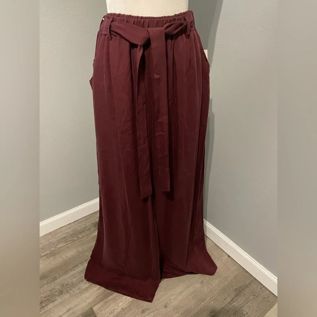 Burgundy Wide Leg High Waisted Tie Waist Trousers Red Size L - Image 2
