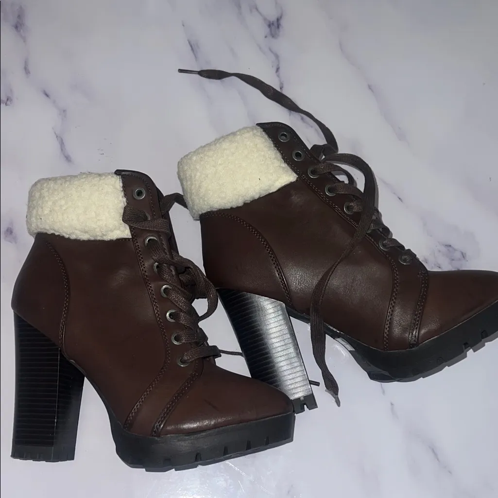Brown High Heel Ankle Boots with Faux Fur Cream Cuff By Bamboo 8.5 - Image 2