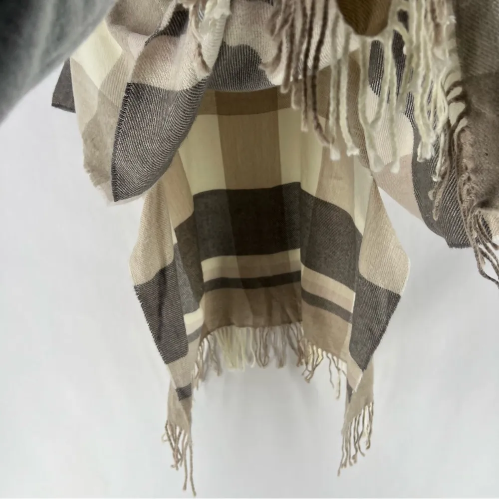 V. Fraas Plaid Flannel Cable Knit Sweater CowlNeck Fringe Poncho Neutral - Image 9