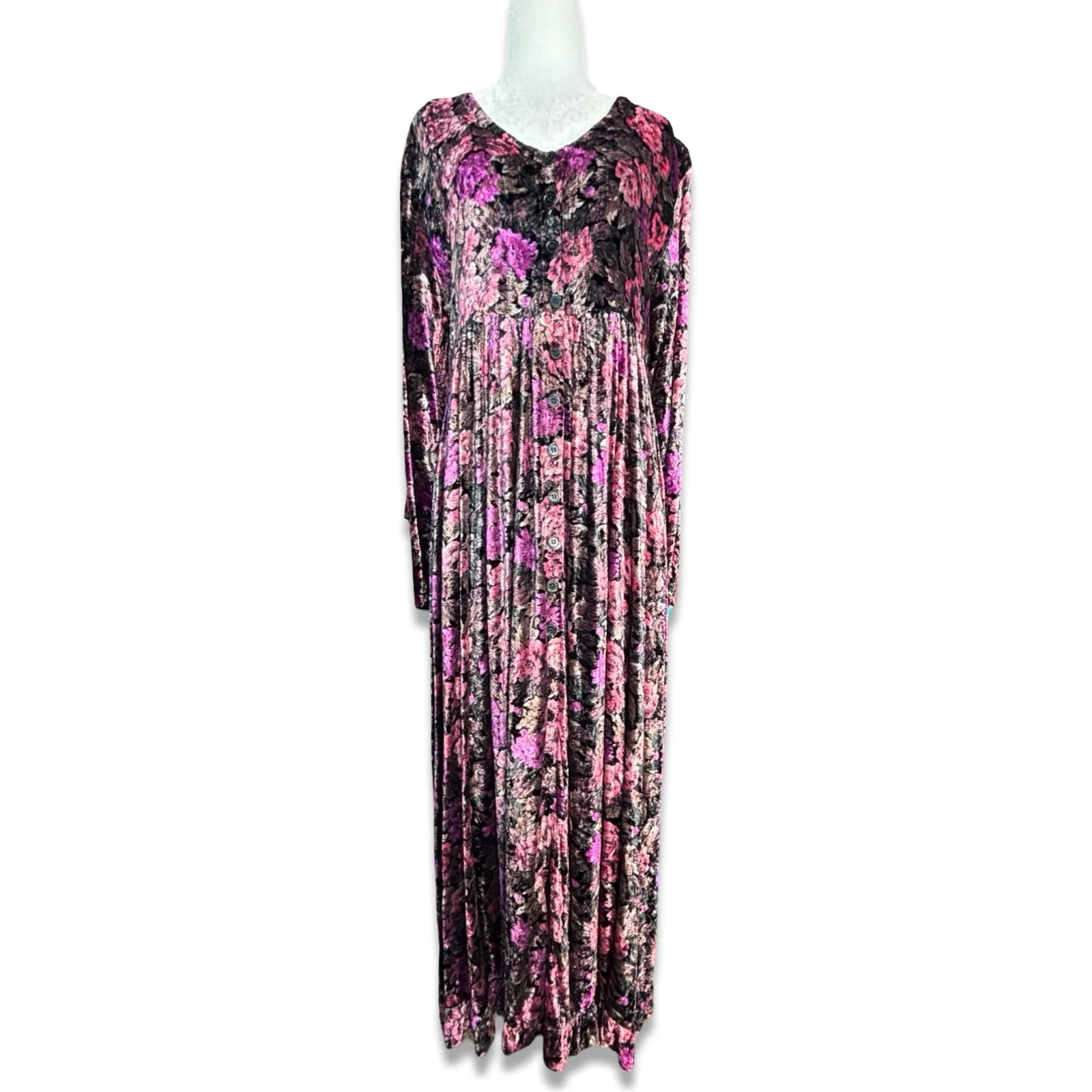 Vintage Nostalgia Dark Floral Velvet Maxi Dress Long Sleeve Button Front Fairy Black Size M - Image 12
